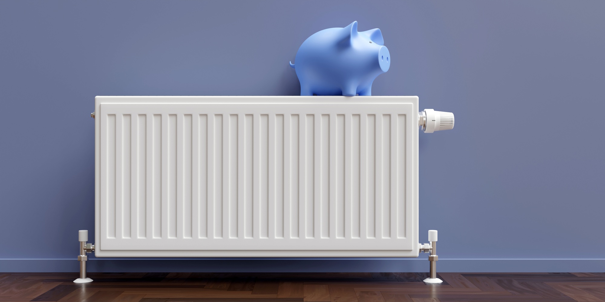 Heating cost saving. Piggy bank on heater radiator, warm house room interior